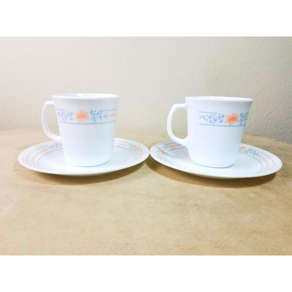Corelle Teacup & Saucers Corning Apricot Grove Fine China USA x2 Vintage